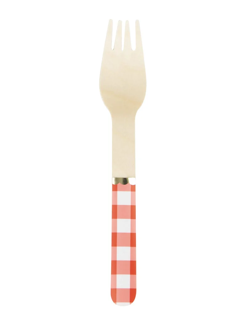 8 Holzgabeln rot-gold Vichy 15,5 cm