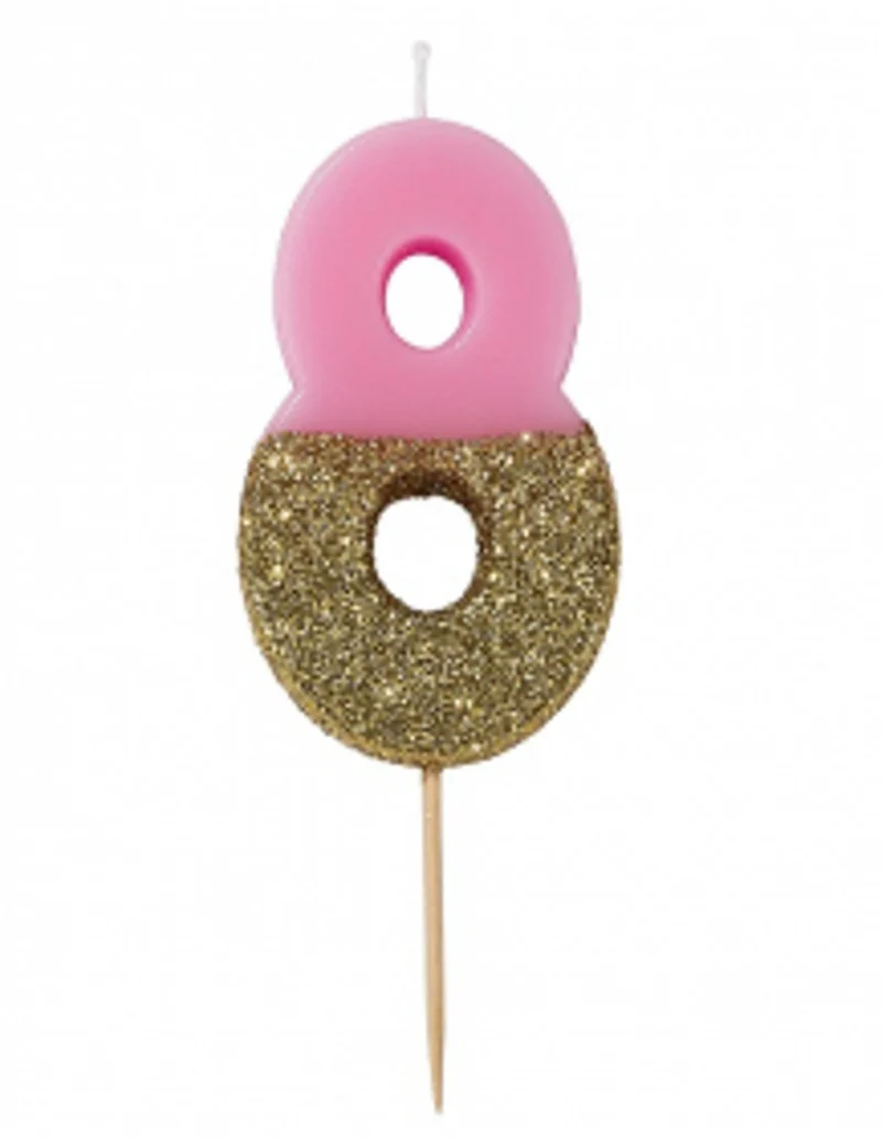 Kerze auf Holzspieß Zahl 8 rosa und gold glitzernd 13,8 cm für Geburtstagstorte