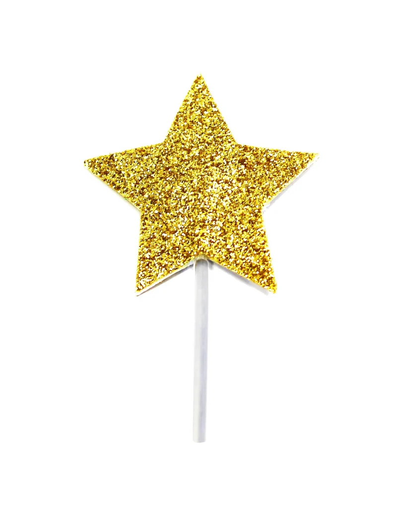12 goldglitzernde Stern-Kuchenstecker auf Spieß 6,5 cm für Geburtstag