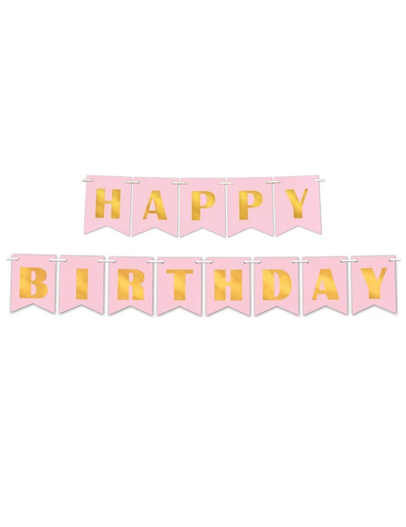 Happy Birthday-Papierbanner in Puderrosa und Metallic-Gold, 15 cm x 3 m