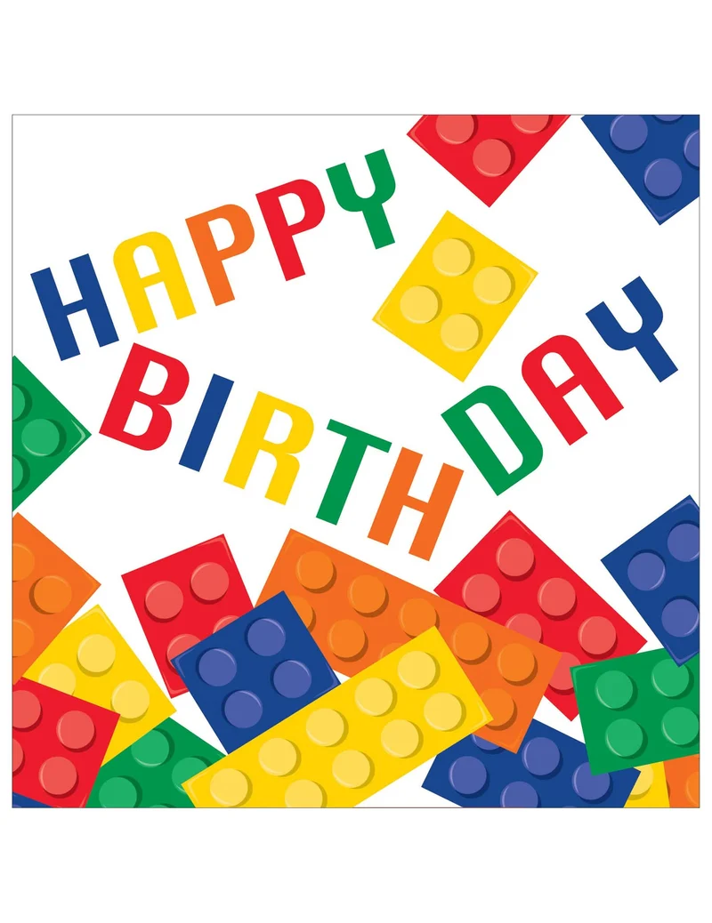 16 Baustein-Servietten Happy Birthday 33 x 33 cm bunte Blöcke