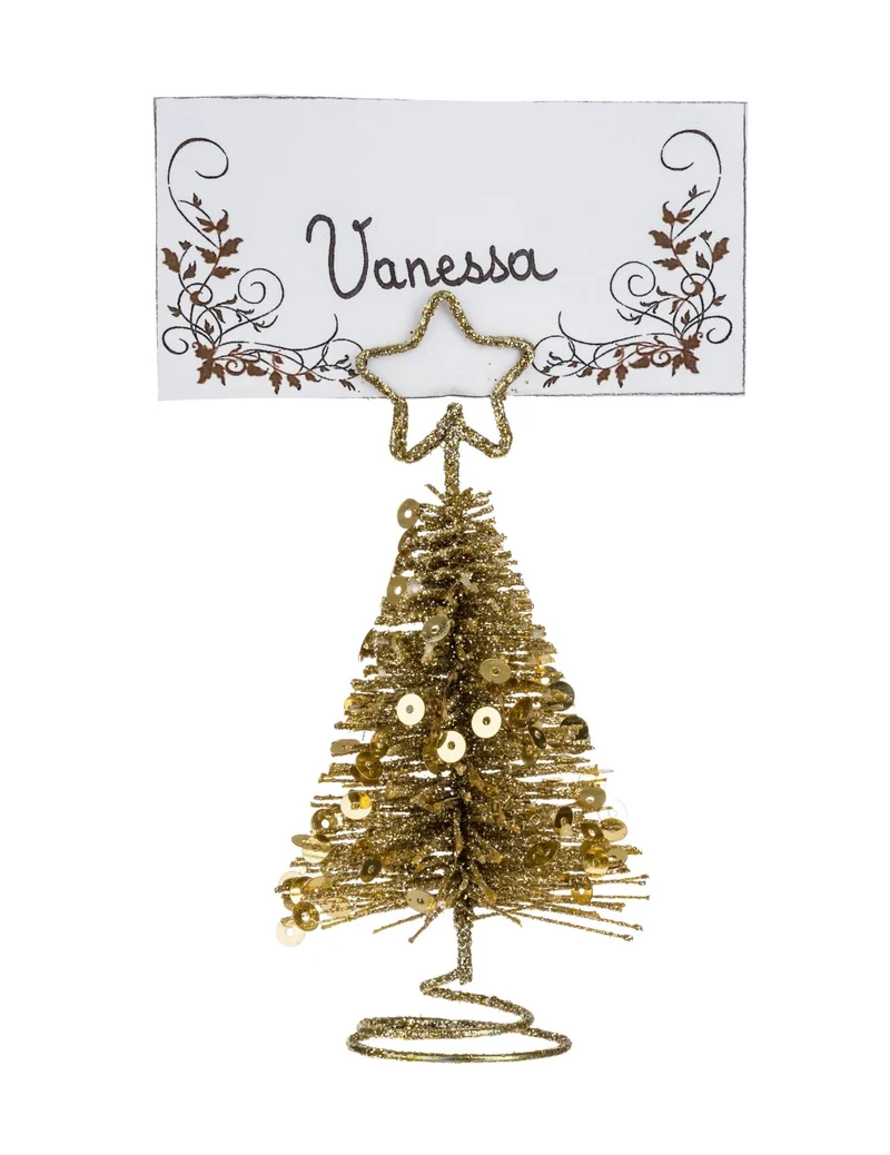 Tischkartenhalter Goldener Tannenbaum 10 cm aus glitzerndem Metall