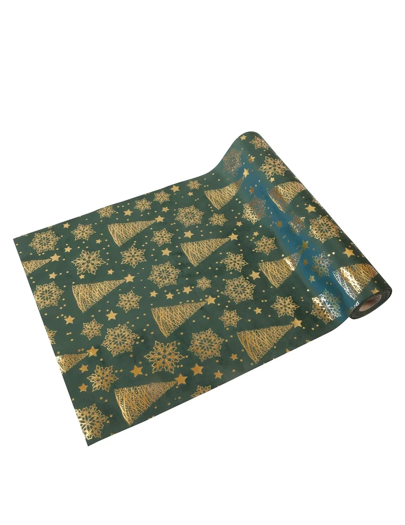 Tischläufer aus grünem Samt mit goldmetallischem Tannenbaumdruck 3m