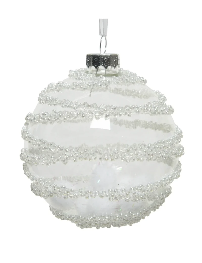 3 transparente Glaskugeln mit Pompons 8 cm, Schneedekor