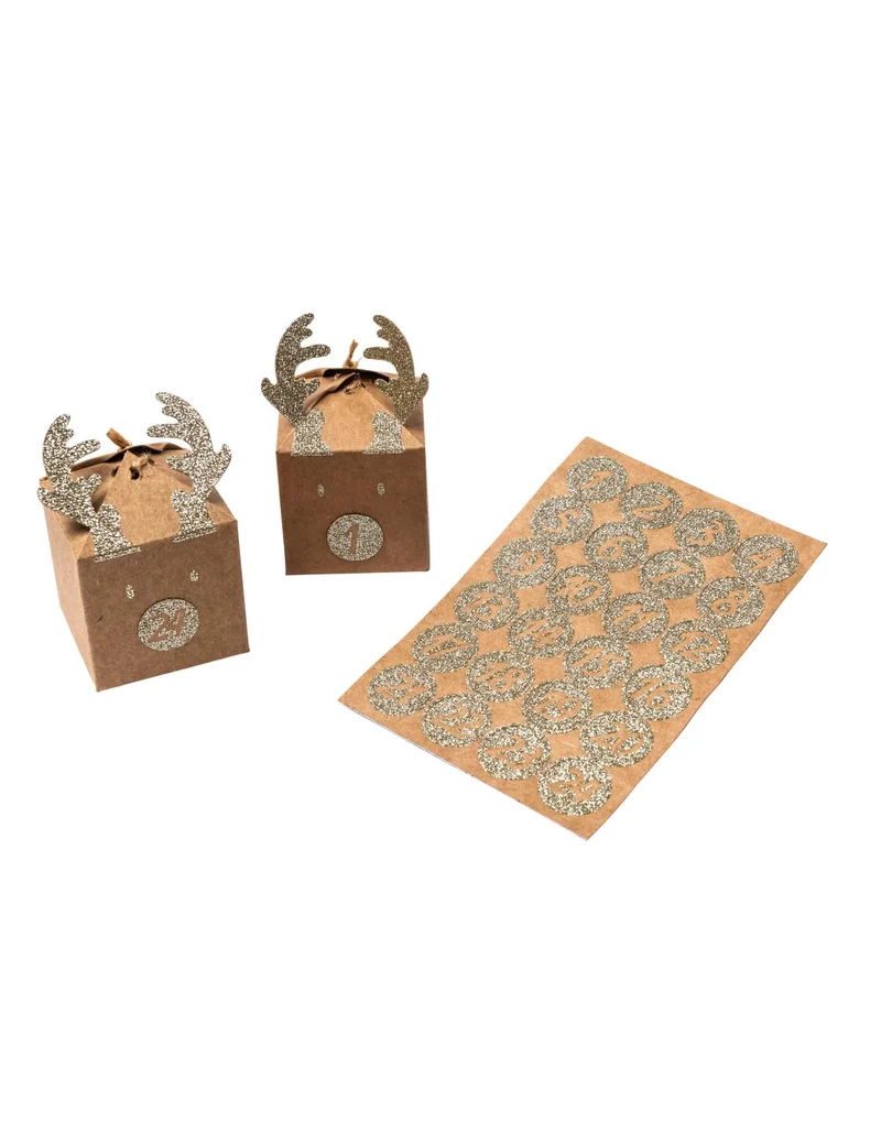 Adventskalender-Set Rentier silber Aufkleber und Schnur 5 x 7,5 cm aus Kraftpapier