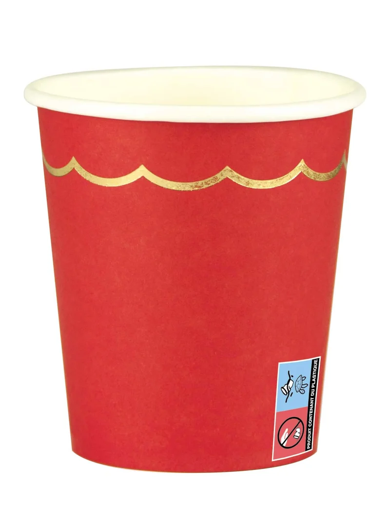 8 geriffelte Pappbecher rot-gold 200 ml für den Partytisch