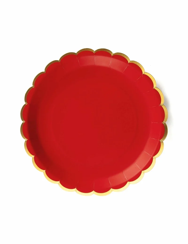 8 rote und goldene Wellenrand-Pappteller 23 cm für Weihnachten