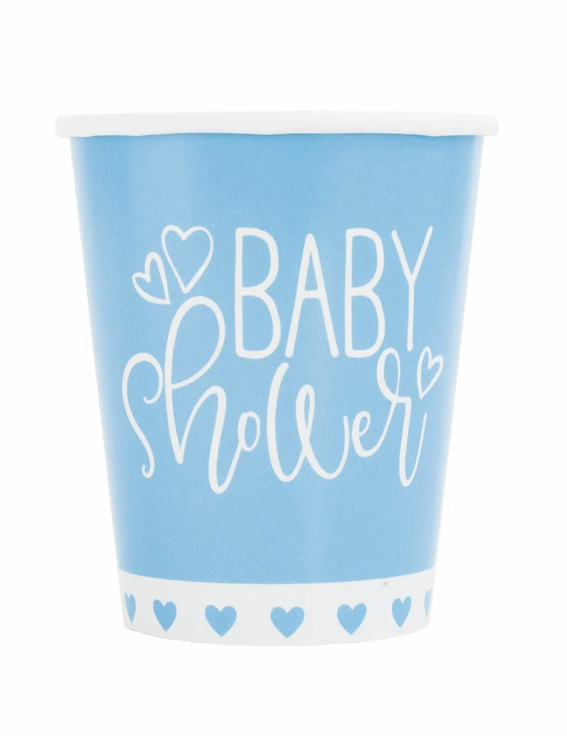 8 blaue und weiße Babyparty-Pappbecher 266 ml mit kleinen Herzen