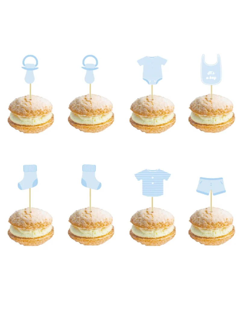 8 blaue Baby-Holzpicker 10 cm für Babyparty