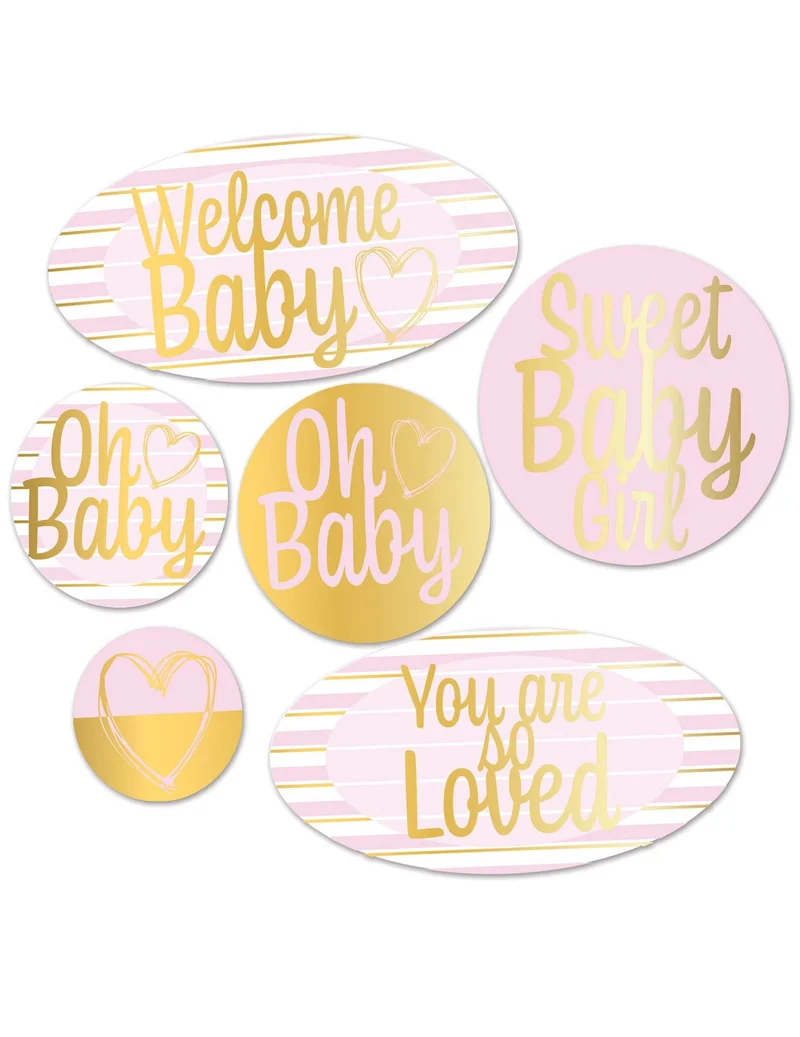 6 "Welcome Baby" Kartondekorationen, Rosa und Gold, für Babyparty
