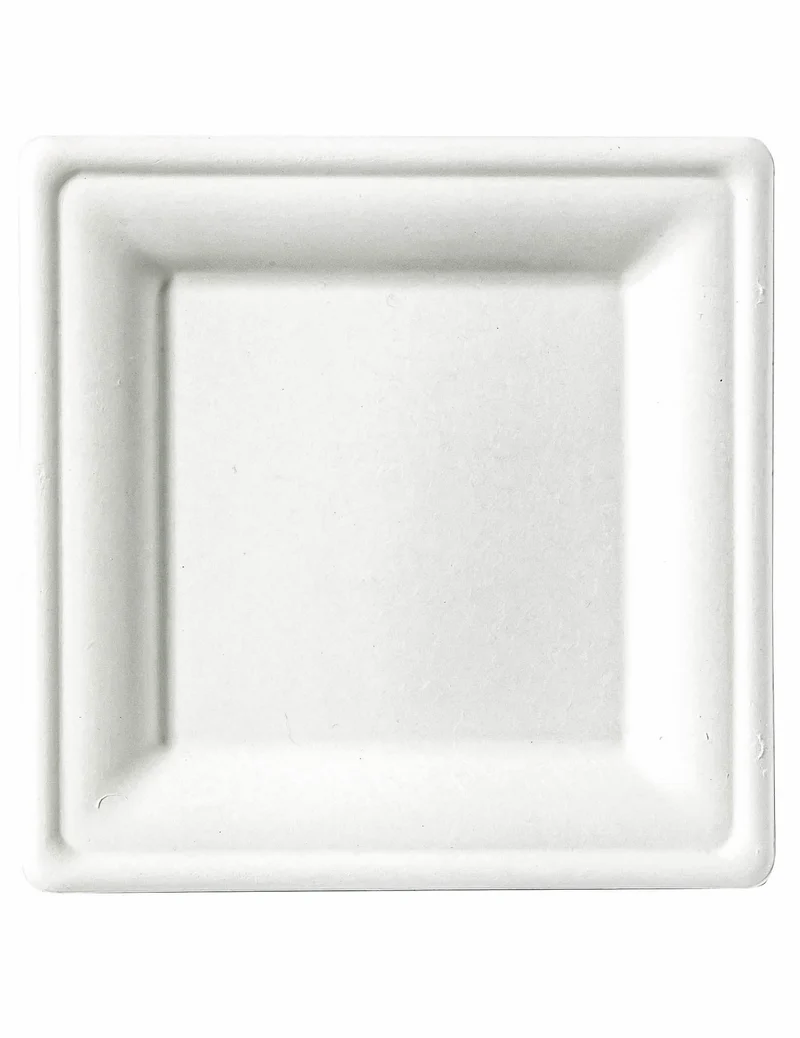 25 kleine quadratische Teller aus Zuckerrohrfaser, 15 x 15 cm, weiß, kompostierbar