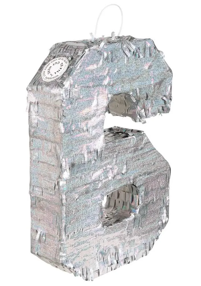 Holographische Silber Piñata Zahl 6 40 x 28 x 8 cm zum Befüllen