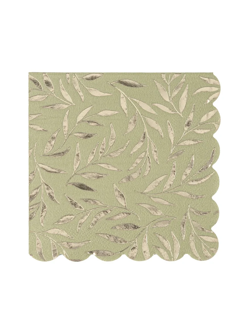 20 Cocktailservietten aus Papier Salbeigrün und Gold 24 x 24 cm mit Wellenrand