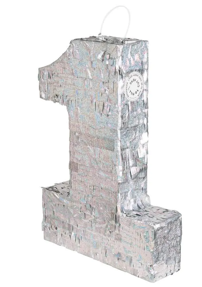 Holografische Silber Piñata Zahl 1 40 x 28 x 8 cm festlich
