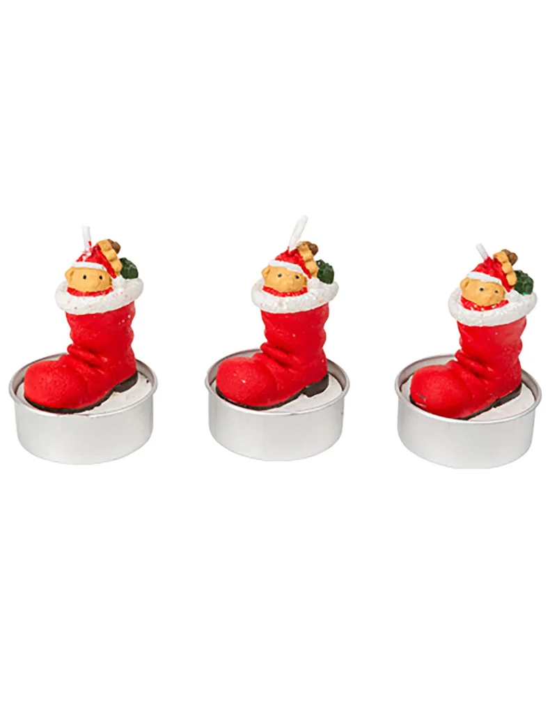 3 Weihnachtsmannstiefel-Kerzen mit Teddybär 5,5 x 3,5 cm