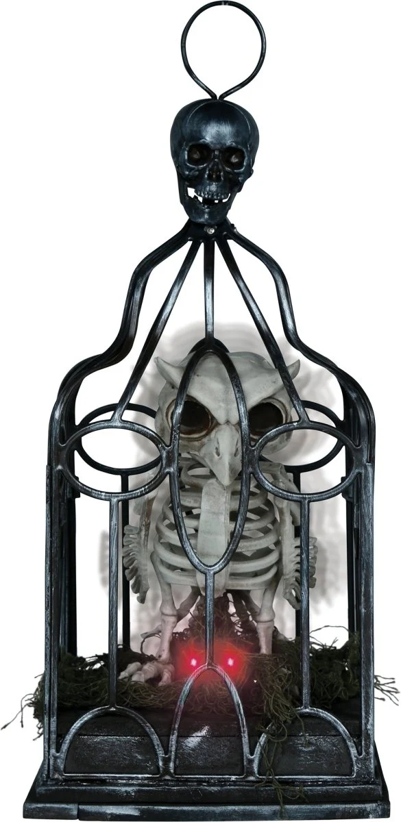 Halloween Skelett Eule im Käfig mit Licht, Ton und Bewegung