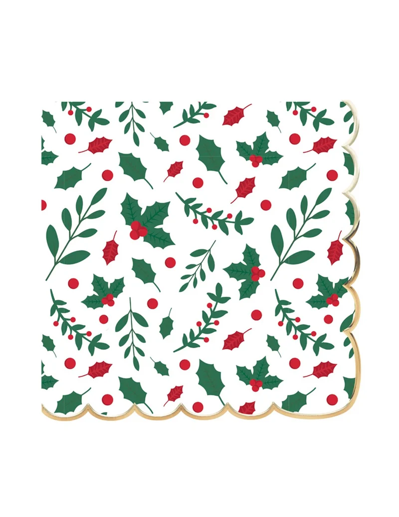 16 gewellte Papierservietten Stechpalme Weihnachten 33 x 33 cm goldener Rand