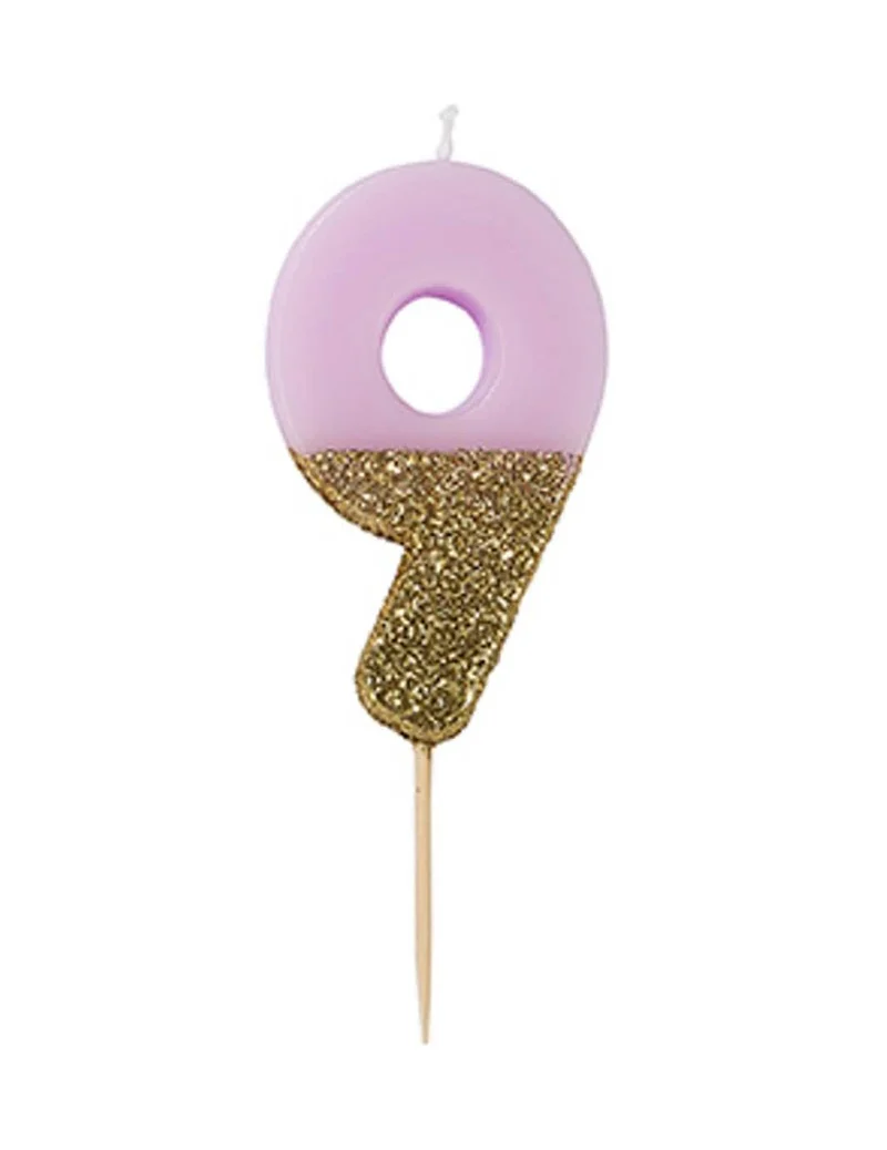 Kerze auf Spieß Zahl 9 rosa und gold glitzernd 13,8 cm für Geburtstagstorte