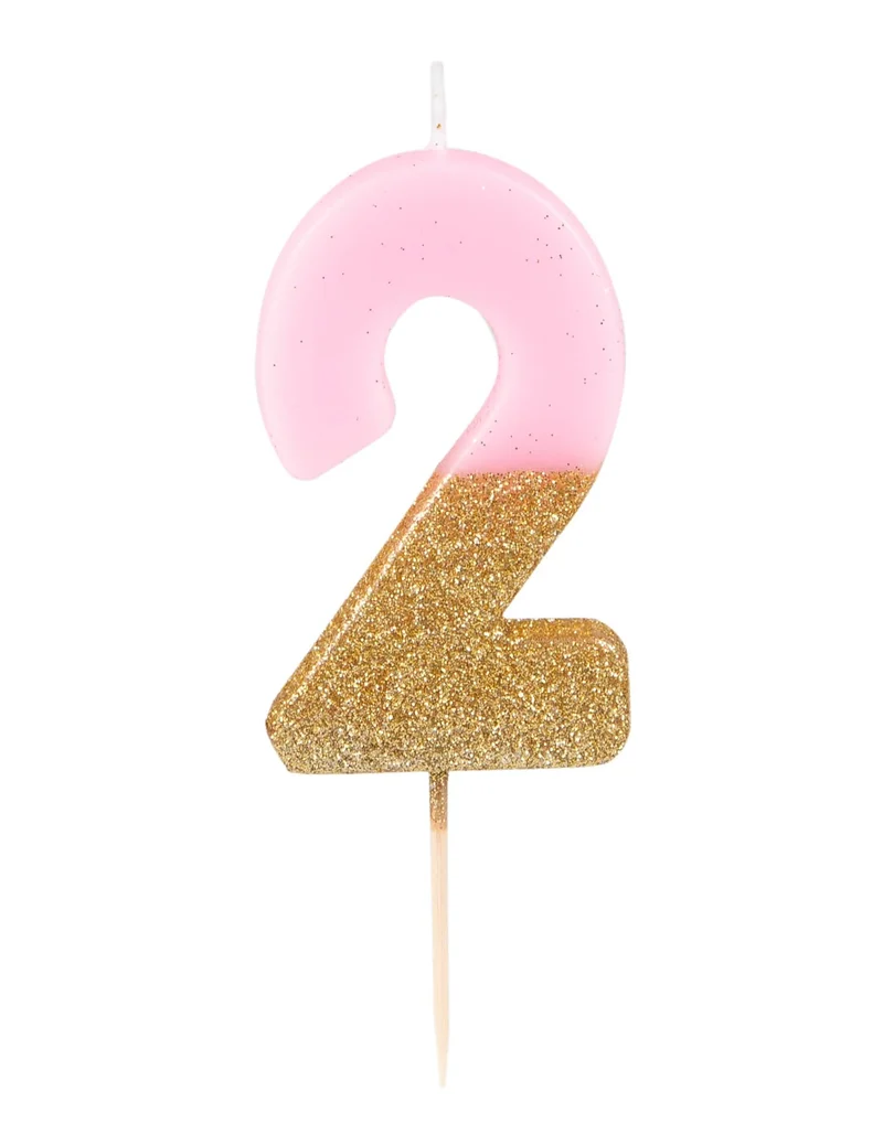 Geburtstagskerze Zahl 2 Rosa und Gold Glitzernd auf Spieß 13,8 cm für Torte