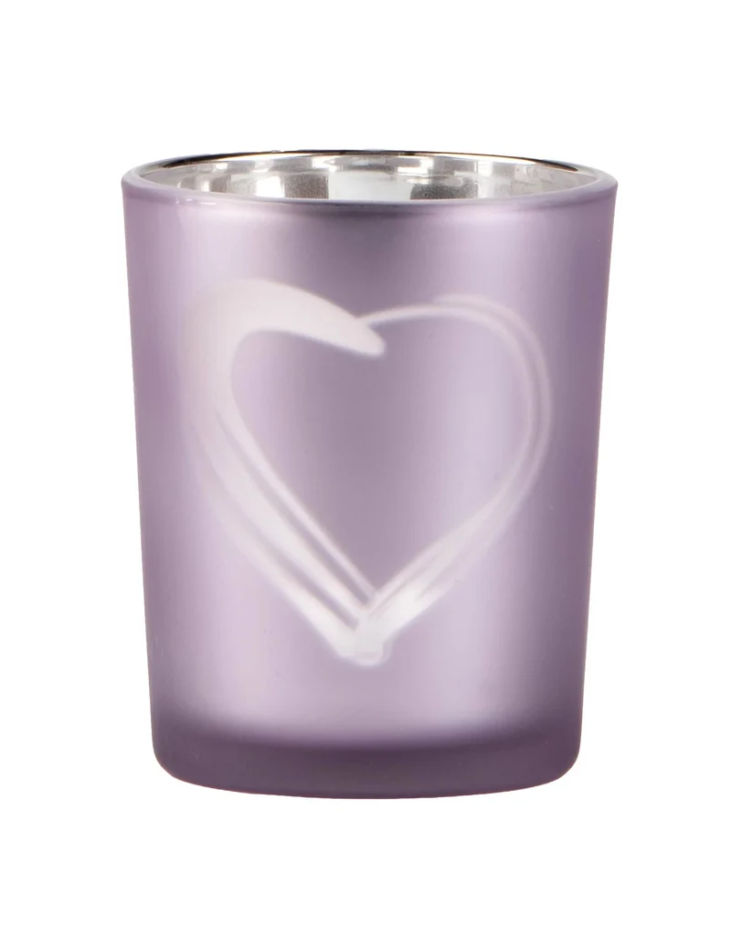 Teelichthalter aus Glas, Herz, Parma-Violett, 6,8 x 5,8 cm, matt versilbert