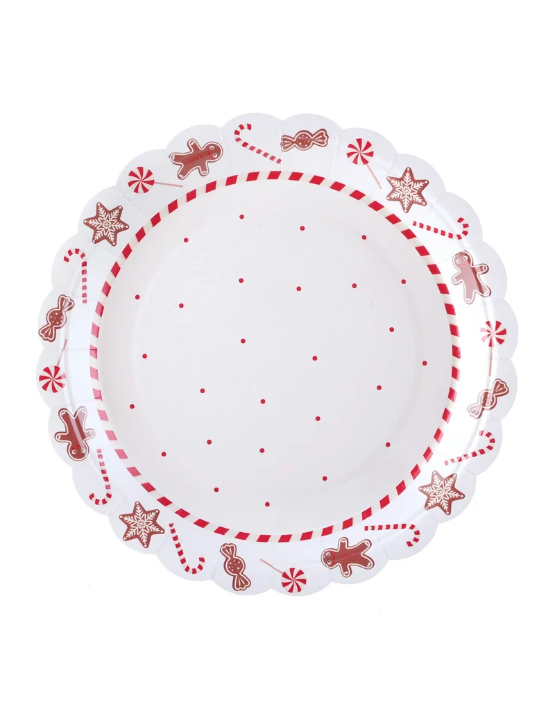 10 weiß-rote Teller mit Weihnachtsleckereien-Motiv, 23 cm, aus Pappe