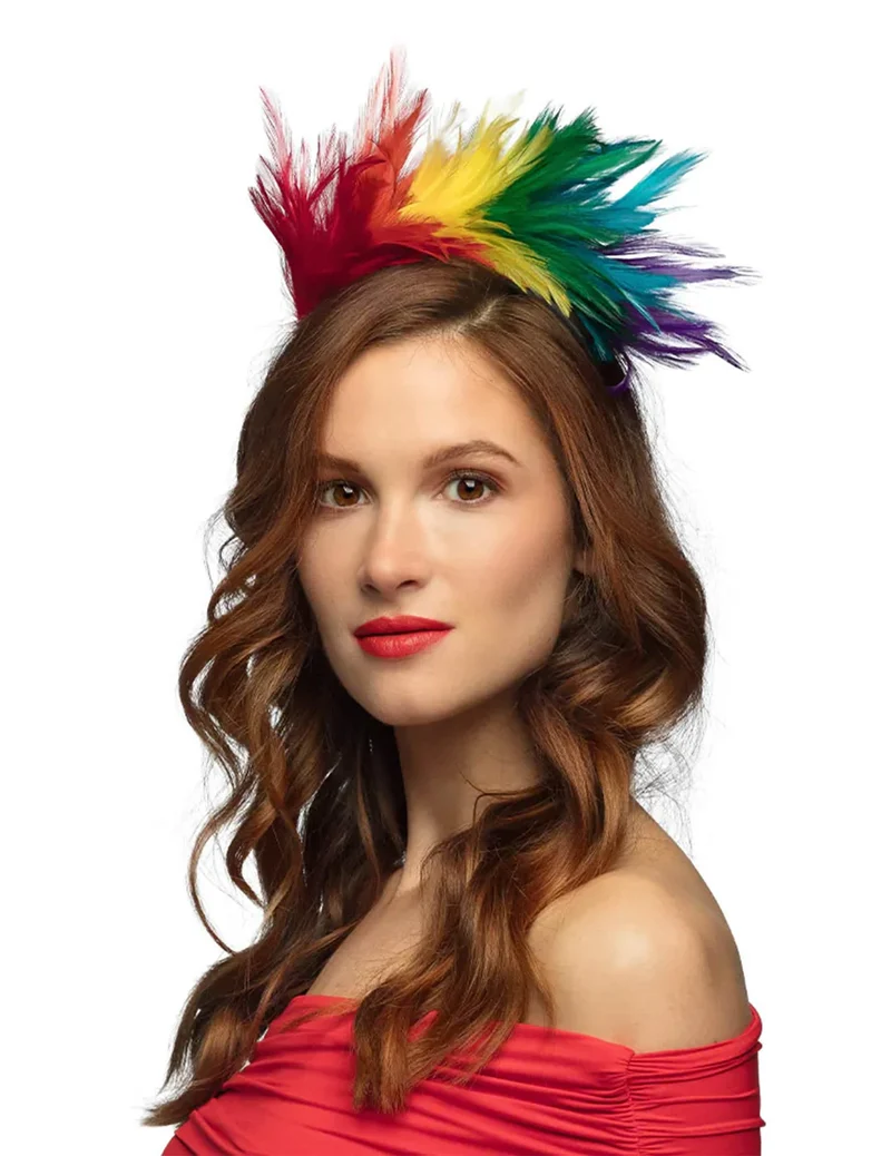 Regenbogen-Haarreif mit Federn für Erwachsene