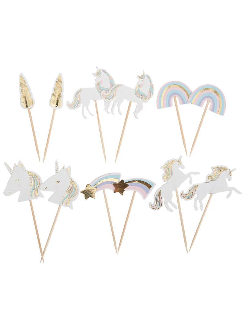 12 Einhorn-Kuchenstecker, Pastell & Gold, 9 cm