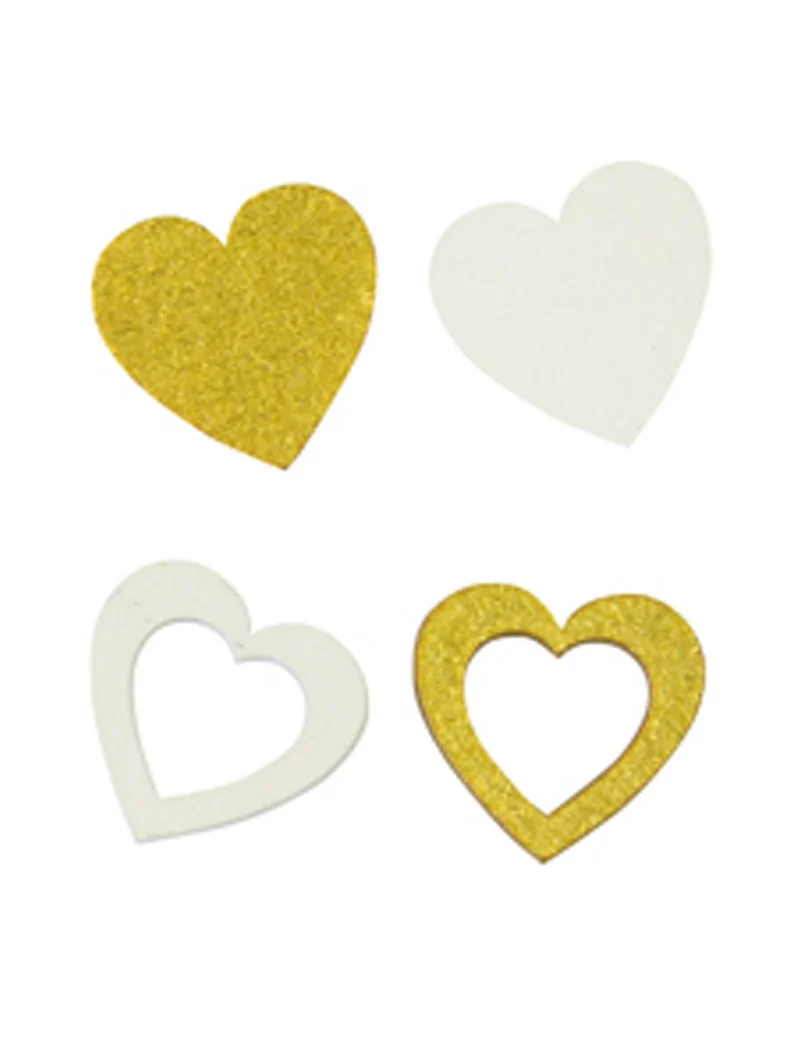12 Konfetti aus Holz, weiße und goldene Herzen 2 x 2 cm, durchbrochen und voll