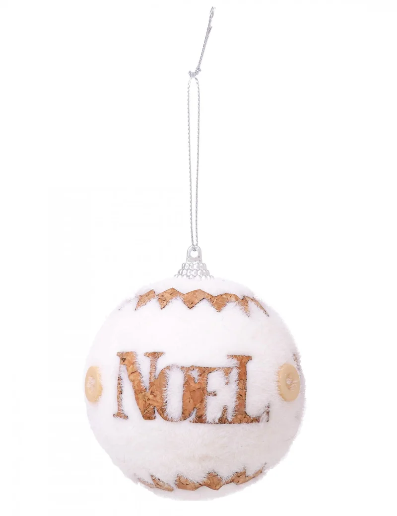 Weihnachtsbaumkugel Kunstfell weiß und Holz 8 cm skandinavischer Stil
