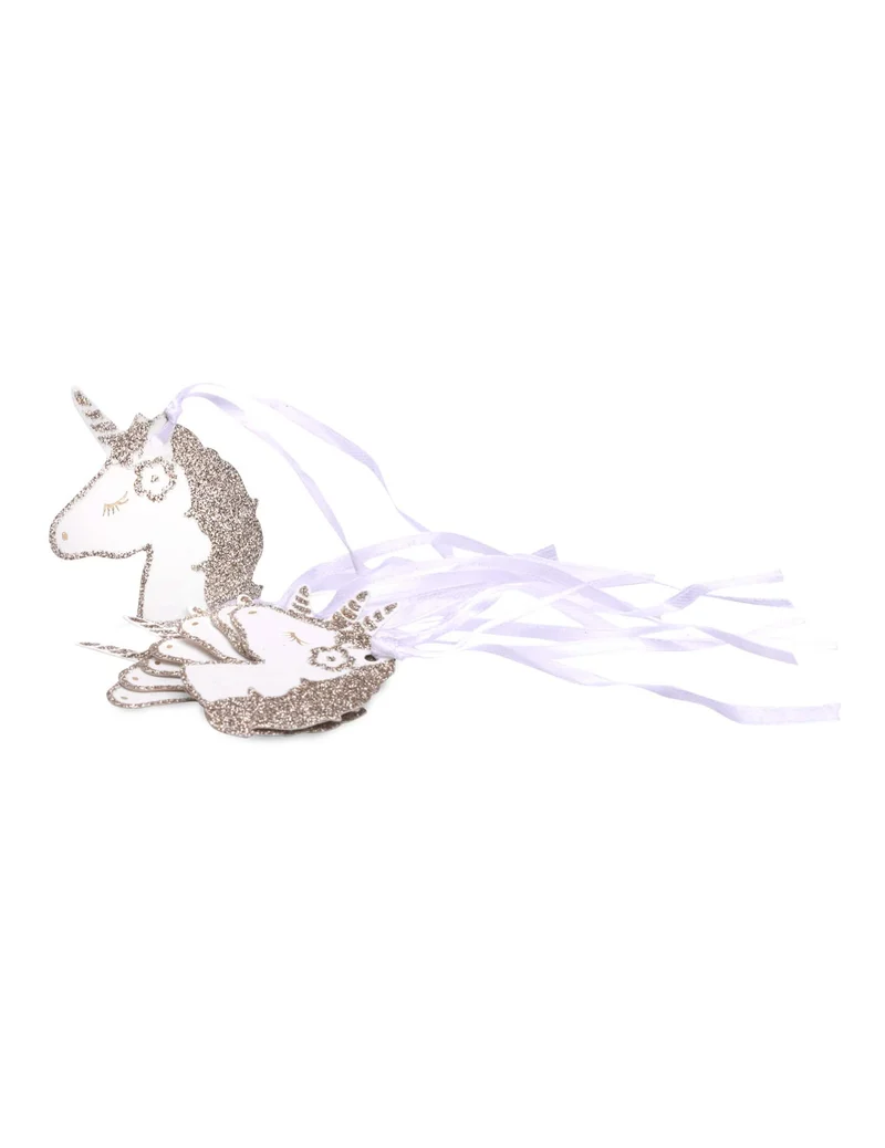 8 Einhorn-Etiketten, champagnerfarben glitzernd, mit weißen Satinbändern, 6,5 x 4 cm, aus Karton