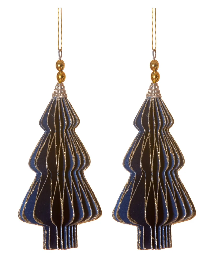 2 Origami-Tannenbaum-Anhänger, blau und gold, 13 cm