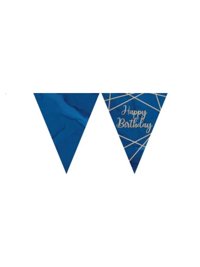 Wimpelkette aus Kunststoff Happy Birthday Marmor Blau und Gold 3,7 m Geburtstag