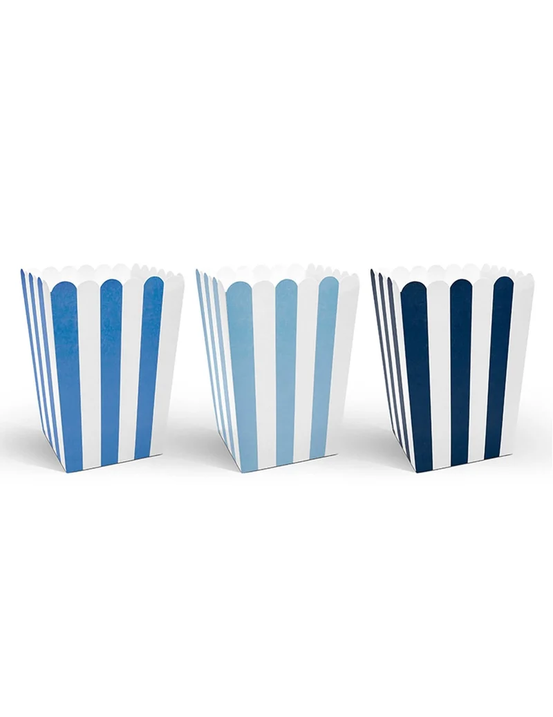 6 gestreifte blaue Popcornboxen 7,5 x 12 cm