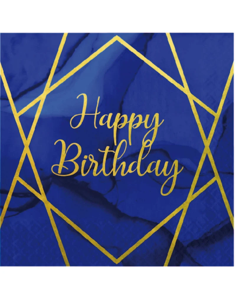 16 Happy Birthday-Papierservietten aus blauem und goldenem Marmor, 33 x 33 cm