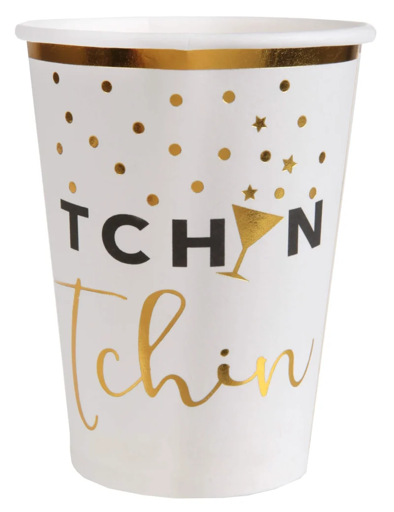10 Pappbecher "Tchin Tchin" weiß und gold 7,8 x 9,7 cm festlich