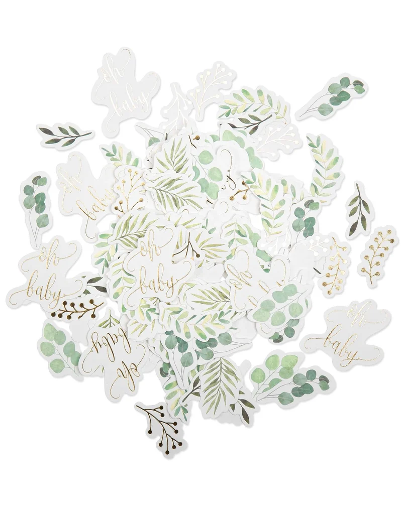 100 Konfetti "Oh Baby" mit Eukalyptus-Blättern und Gold für Babyparty