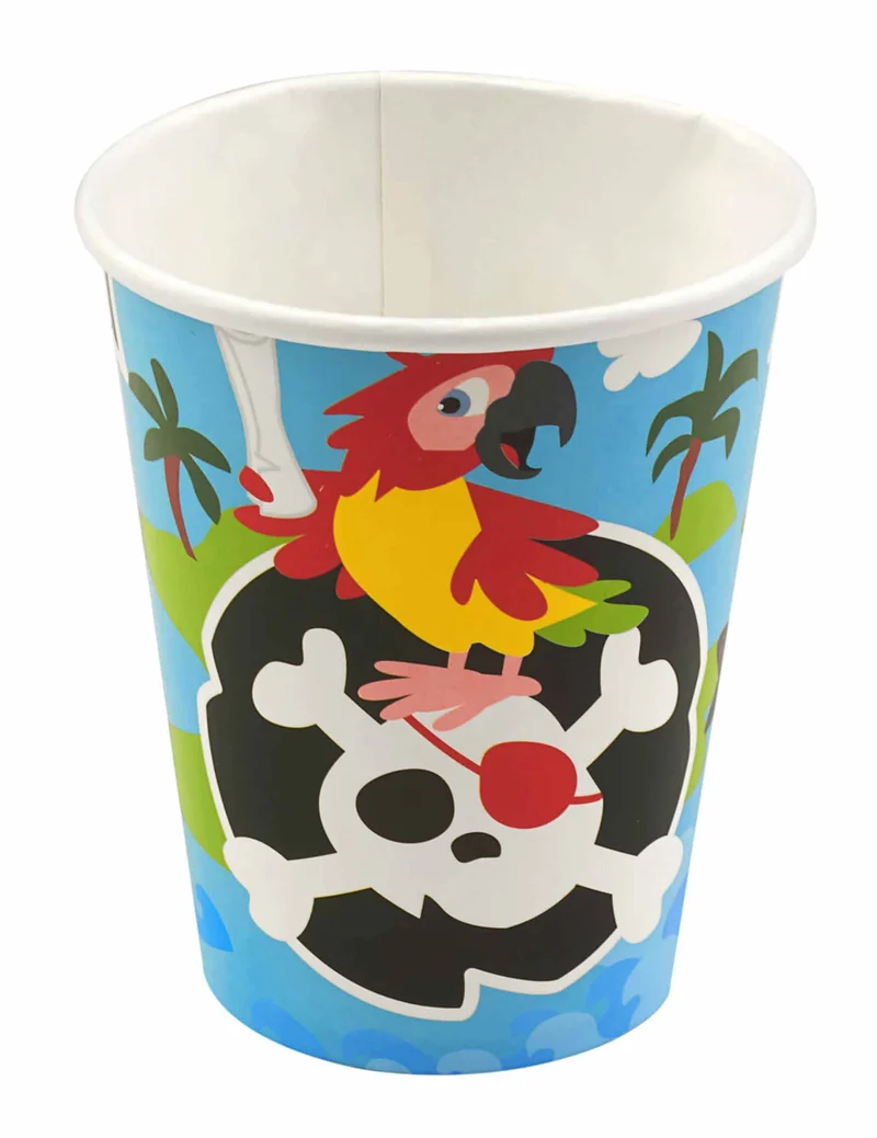 8 Piraten-Pappbecher 250 ml für Kindergeburtstage