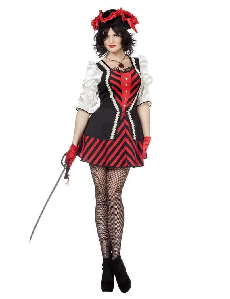 Piratenkostüm Kleid Damen rot-schwarz gestreift
