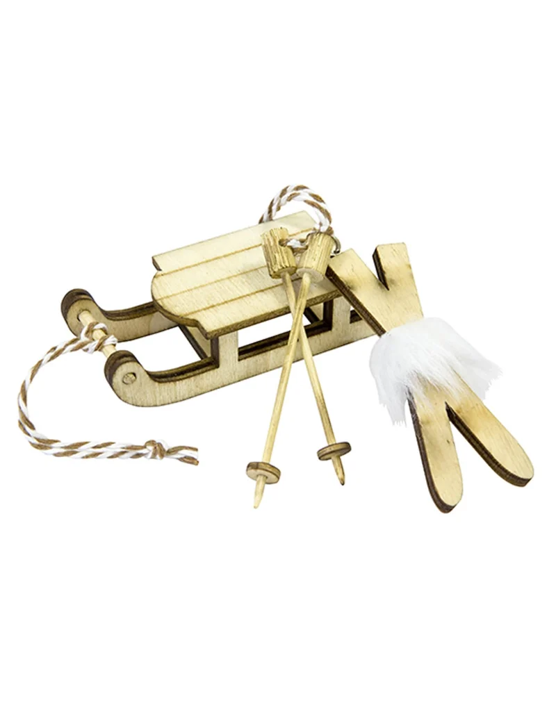 Holzdekoration Schlitten und Skipaar 7,8 x 3 cm für Weihnachten