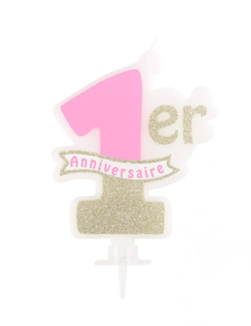 Rosa-goldene Glitzer-Kerze zum 1. Geburtstag, 10 x 8 cm