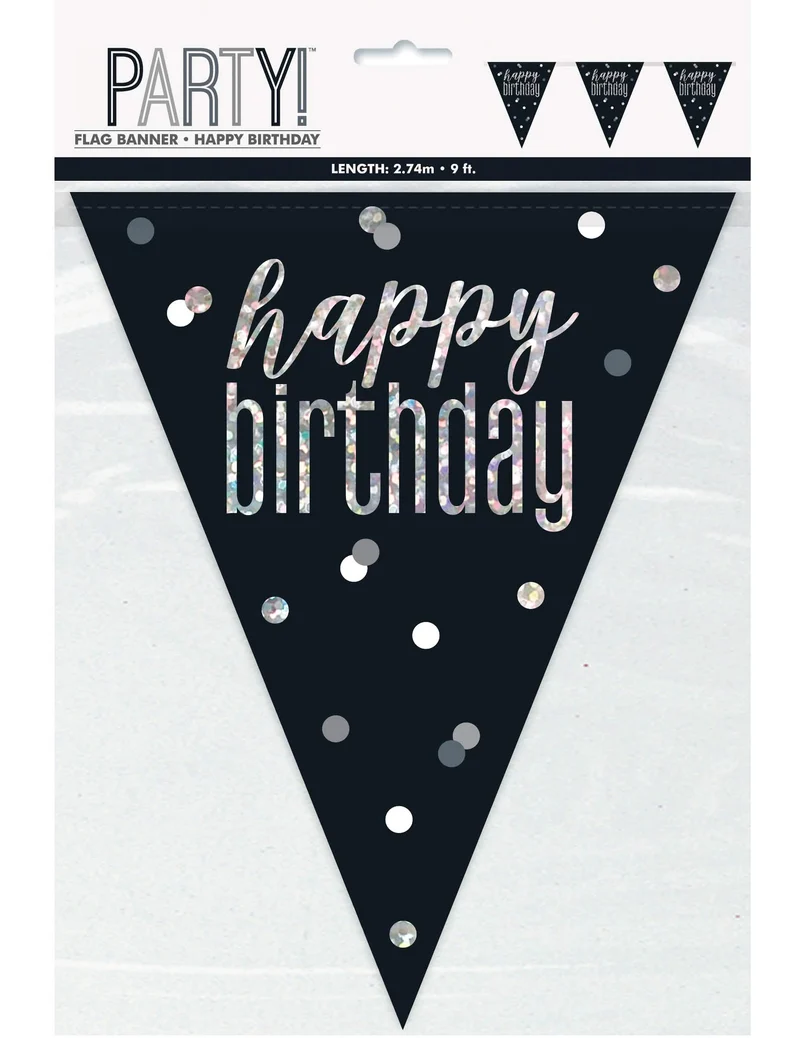 Plastik-Happy-Birthday-Girlande schwarz und grau 2,7 m mit silbernen Wimpeln