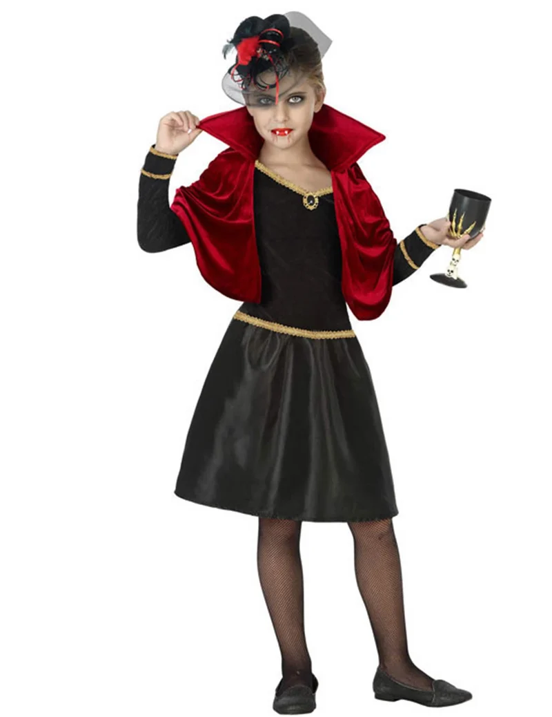 Kleine Vampirin-Mädchenkostüm für Halloween Vampir schwarz-rot-gold