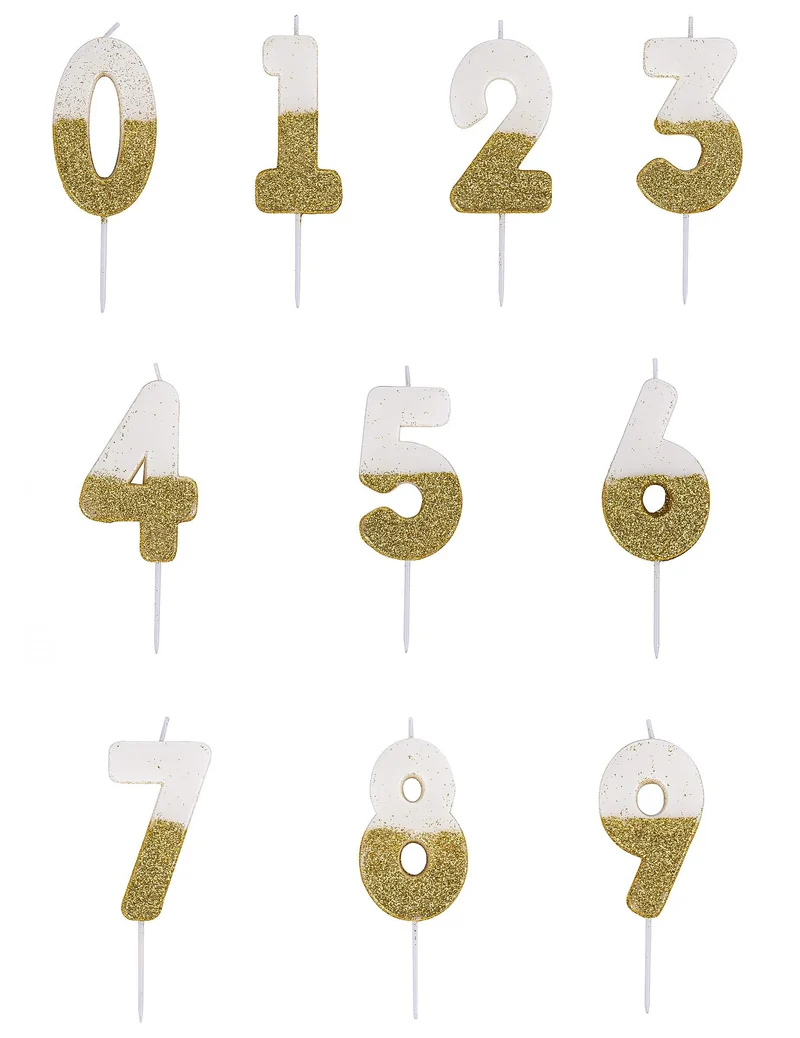 Weiße und goldglitzernde 7 cm Zahlenkerze auf Stecker für Geburtstag