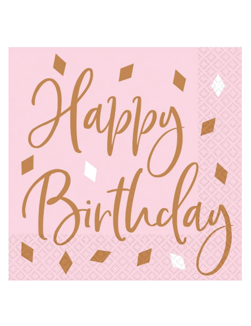 16 Happy Birthday Papier-Servietten, Rosa, Roségold Konfetti, 33 x 33 cm, festliche Dekoration