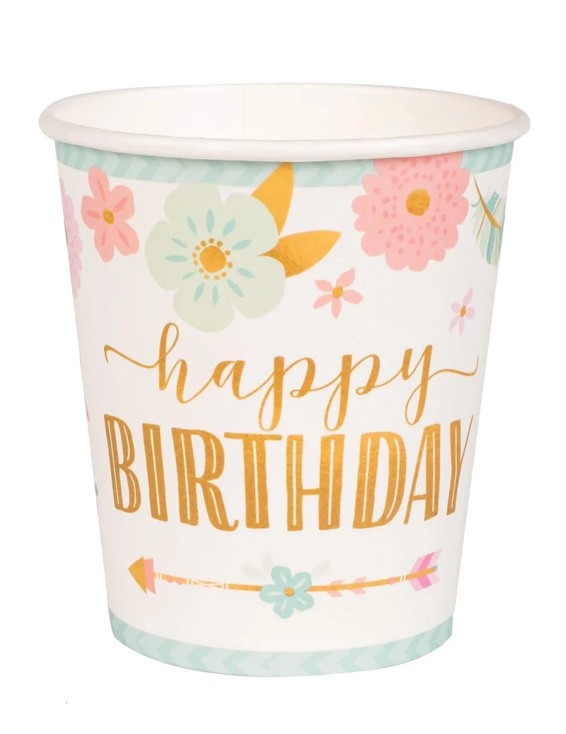 8 Boho Pappbecher 250 ml Happy Birthday