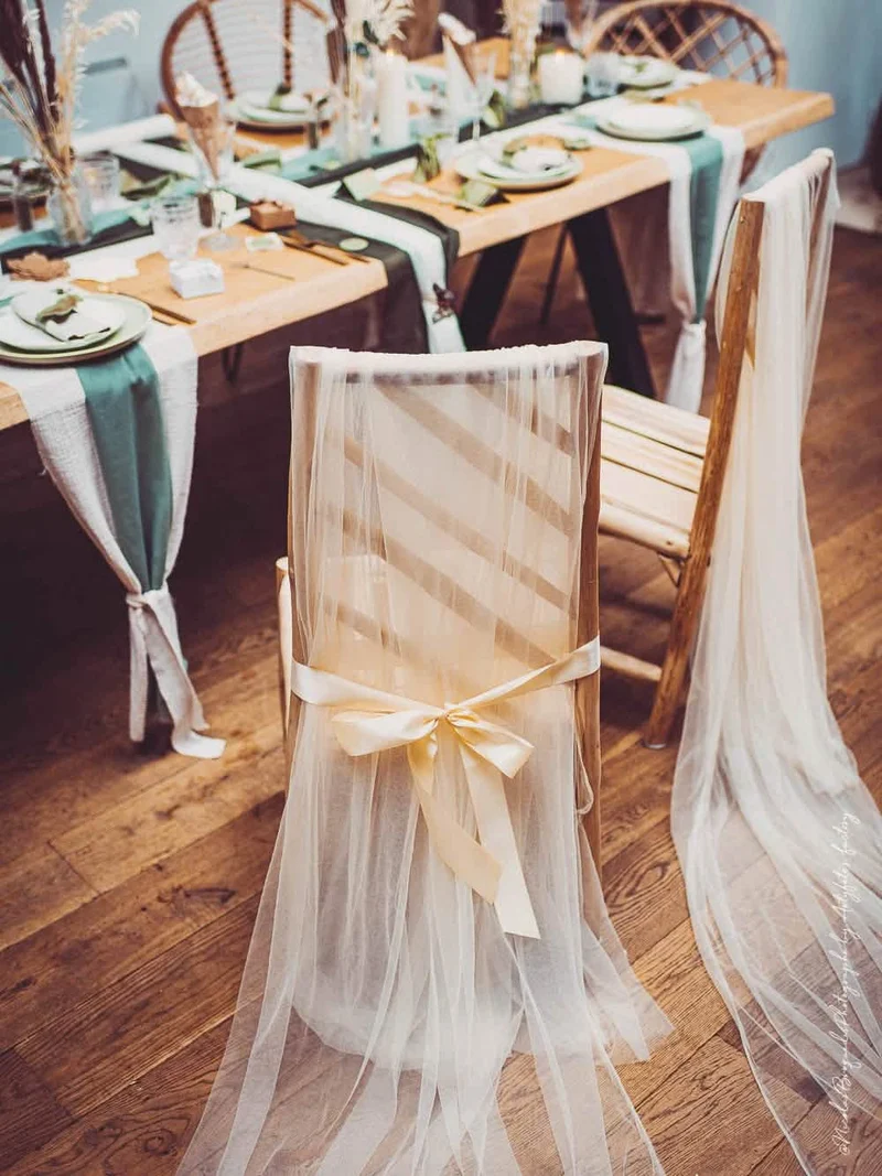 2 Stuhlschals Elfenbein und Satinbänder 2,6 x 1,6 m schicke Hochzeit