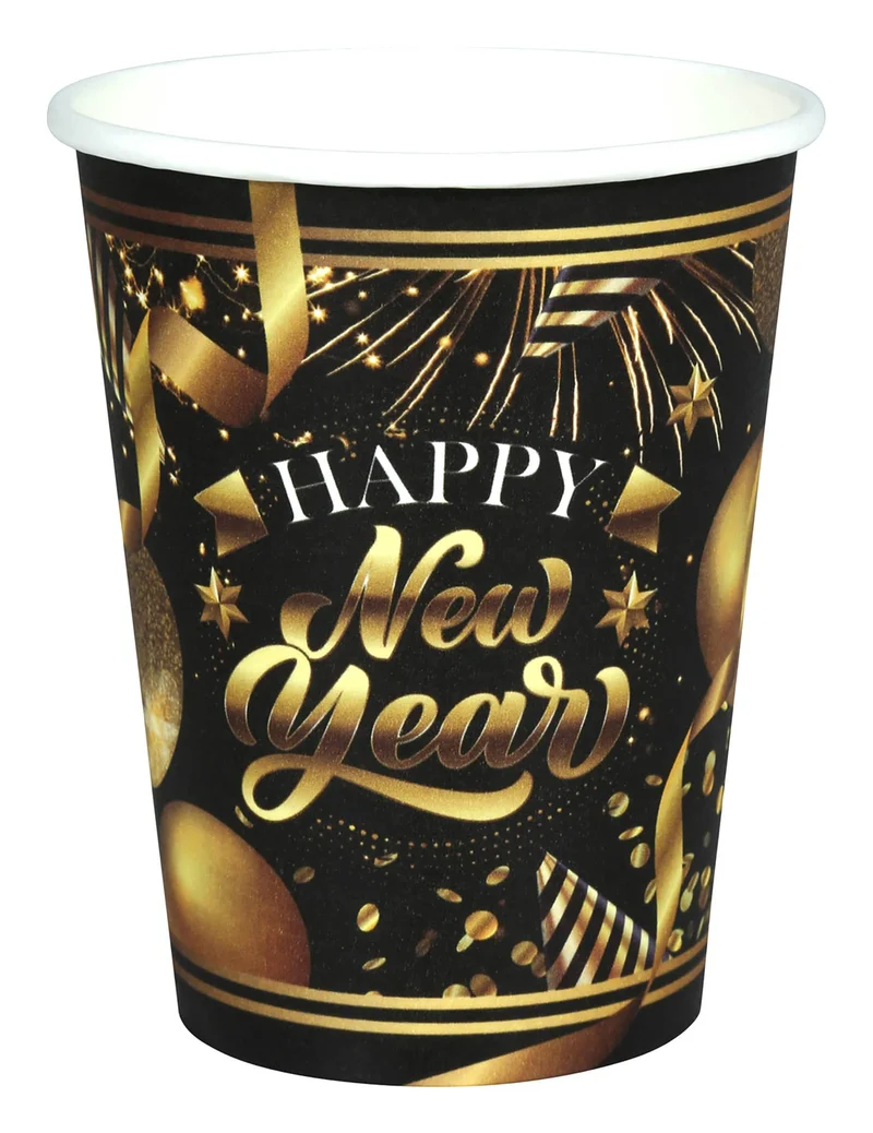 6 Pappbecher Happy New Year Schwarz und Gold 240 ml