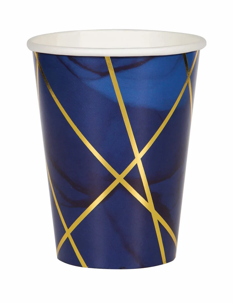 8 Pappbecher aus blauem und goldenem Marmor, 354 ml