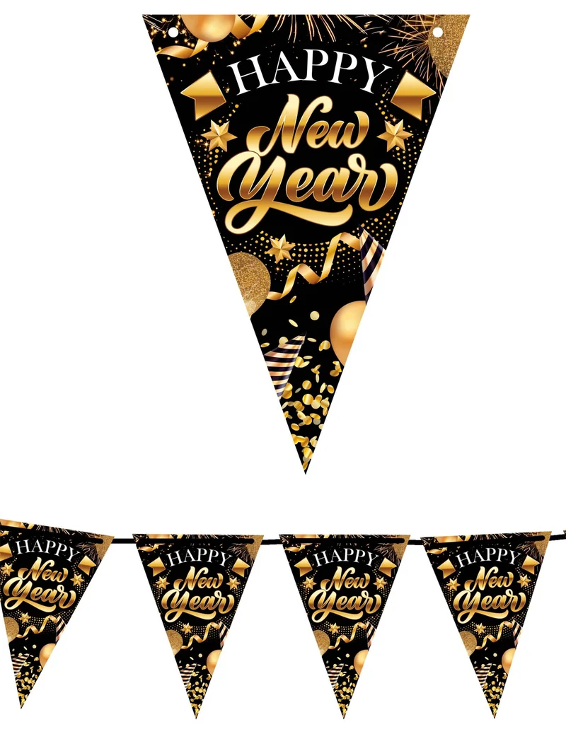 Happy New Year Wimpelkette aus Pappe Schwarz & Gold 3m