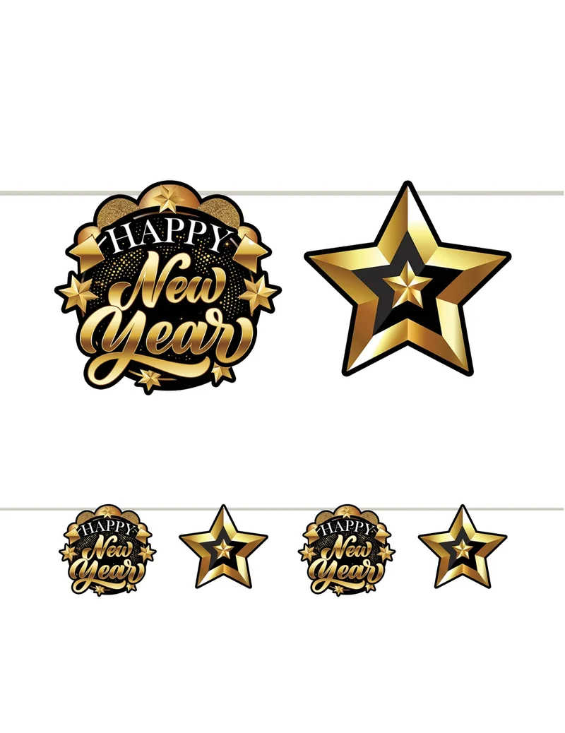 Pappgirlande Happy New Year Schwarz und Gold 3m